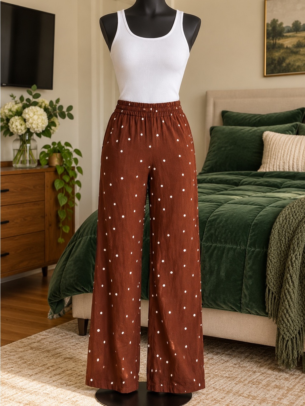 A New Day™ Women’s High-Rise Linen Wide-Leg Pull-On Pants in Brown Dot